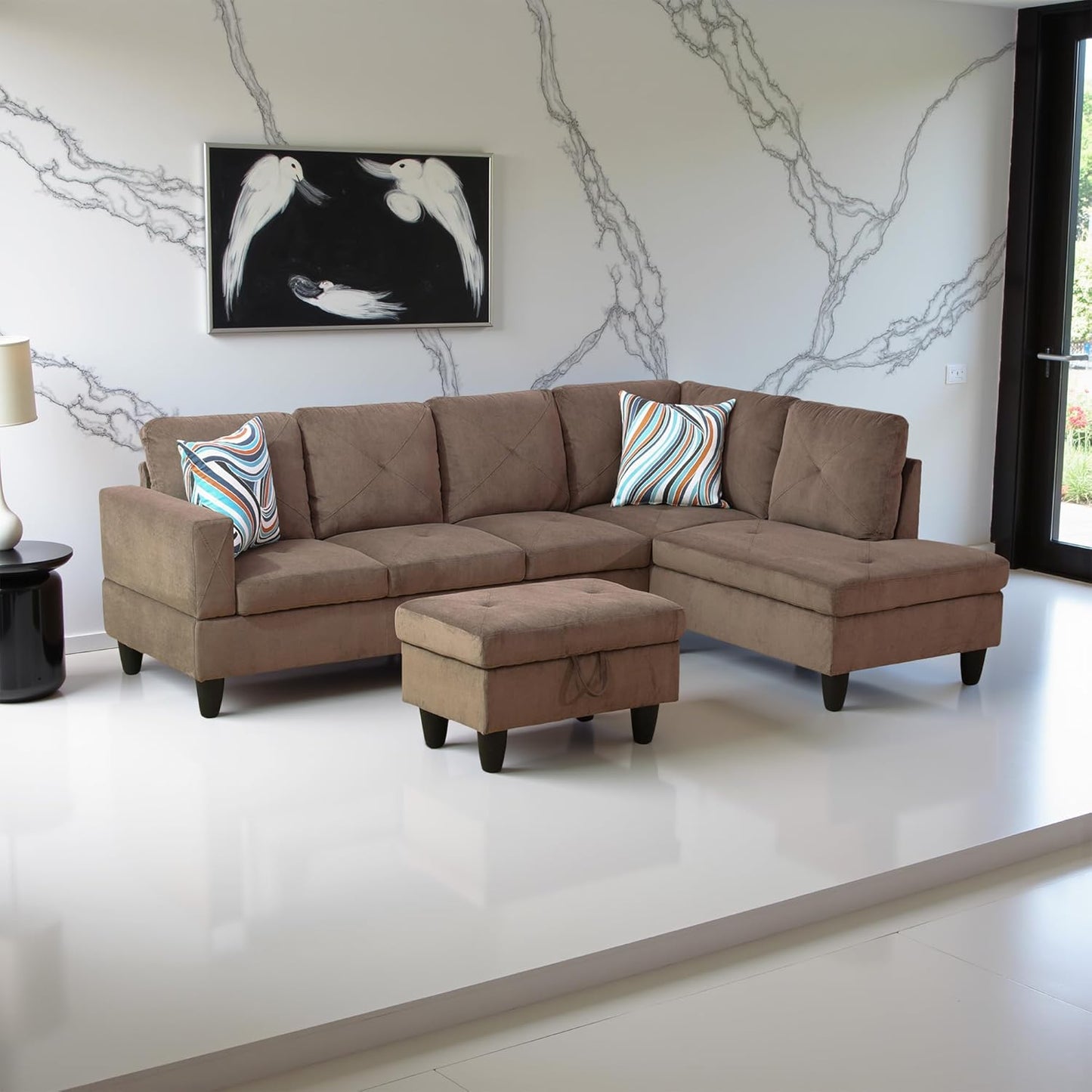 Couches for Living Room Modern L Shaped Couch Comfy Sackcloth Fabric 3 Pieces Sectional Sofa with Chaise, Ottoman with Storage for Office and Small Apartment, Brown