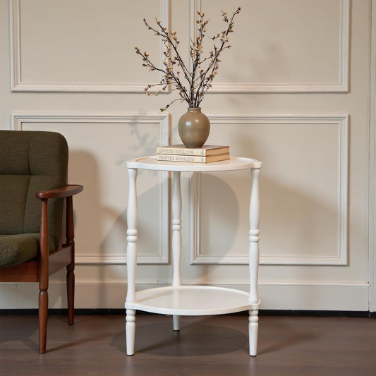 Accent Wood End Table, 2-Tier Round Bedside Table, Natural Side Table Nightstand for Family, Bedroom, Living Room, Handcrafted Finish, White