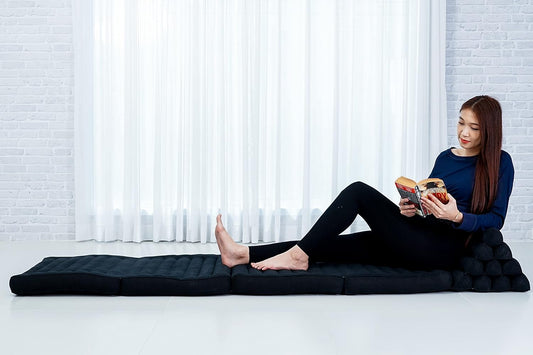 Leewadee Comfortable Japanese Floor Mattress - Thai Floor Bed with Triangle Cushion - Futon Mattress - XL Extra Long Thai Massage Mat, 89 x 20 inches, Black, Kapok Filling