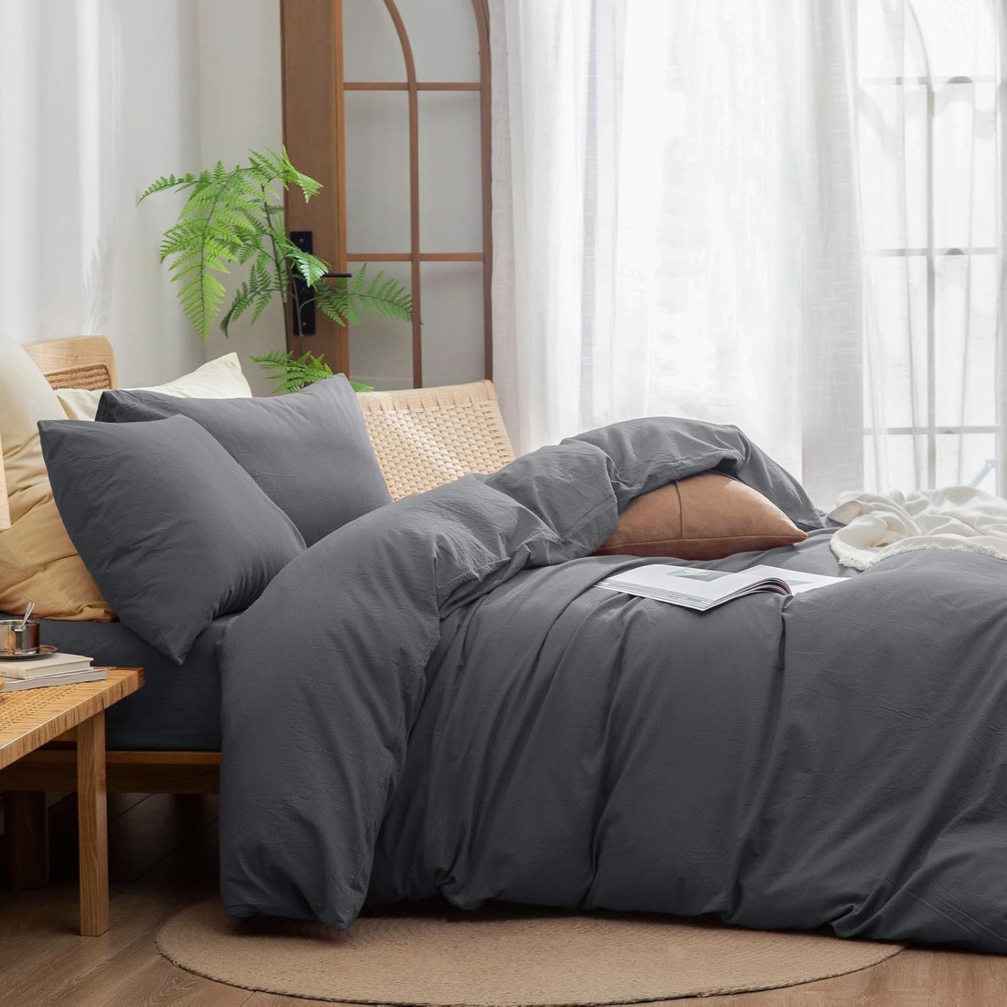 BESTOUCH Duvet Cover Set 100% Washed Cotton Linen Feel Super Soft Comfortable Chic Lightweight 3 PCs Home Bedding Set Solid Quiet Shade Grey King