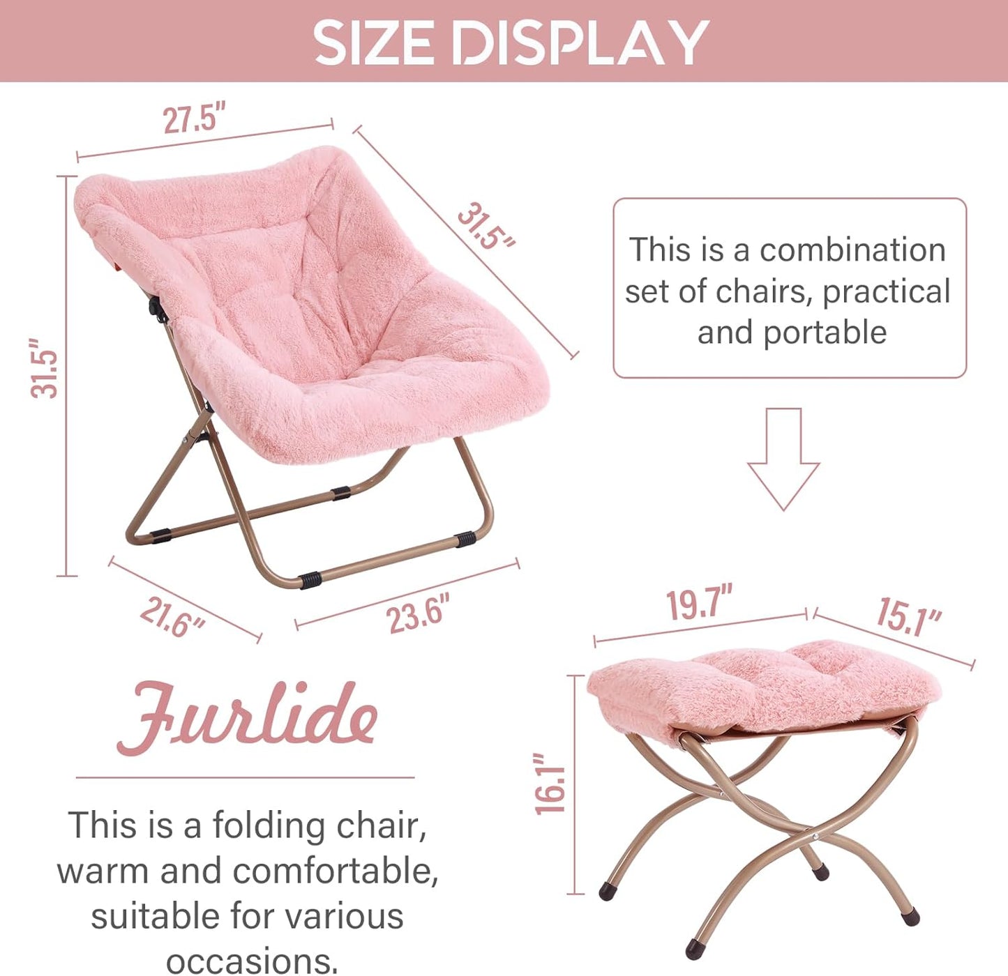 Dorm Chair with Ottoman, X-Large Soft Saucer Chair, Oversized Folding Faux Fur Accent Chair, Foldable Metal Frame Chair for Bedroom, Living Room (Pink)