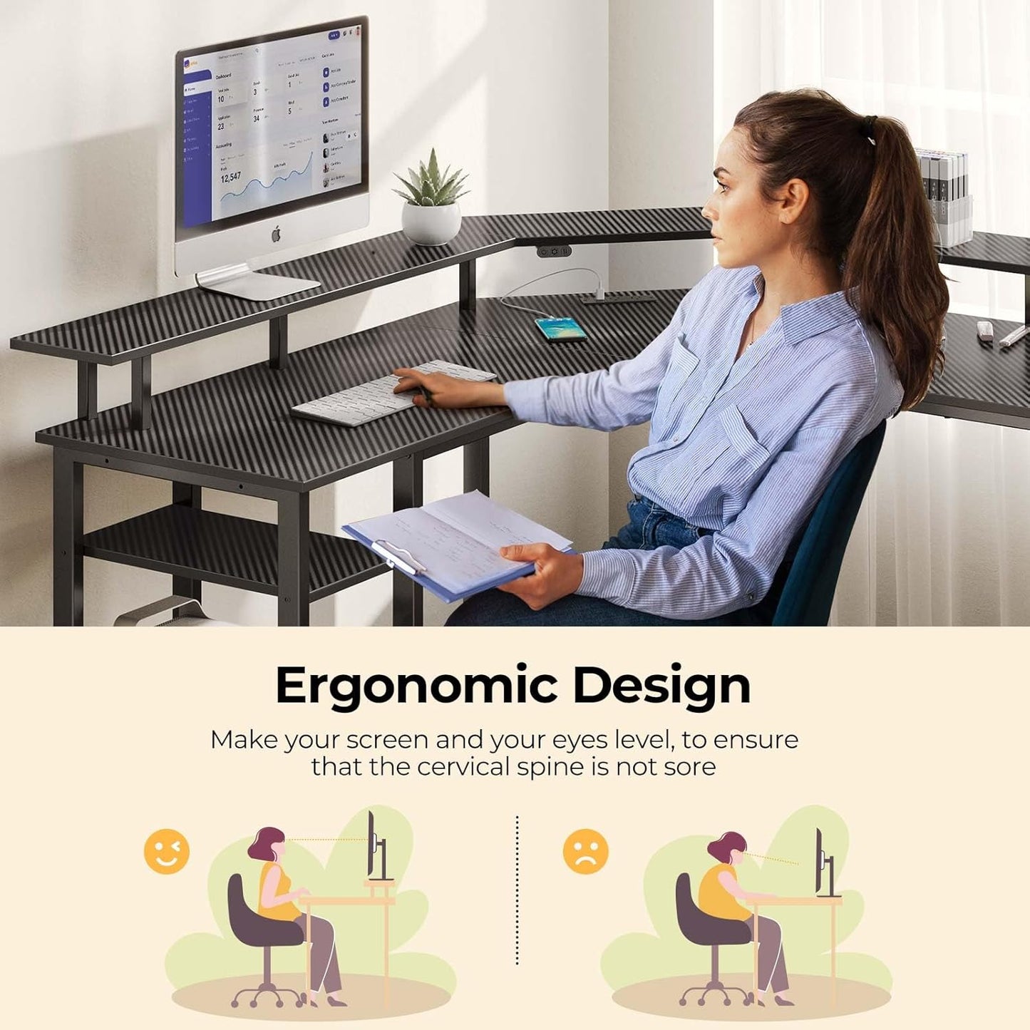 Rolanstar L Shaped Gaming Desk with LED Lights & Power Outlets, 53" Computer Desk with Full Monitor Stand & Storage Shelf, Corner Desk with Hooks, Carbon Fiber Desk Reversible