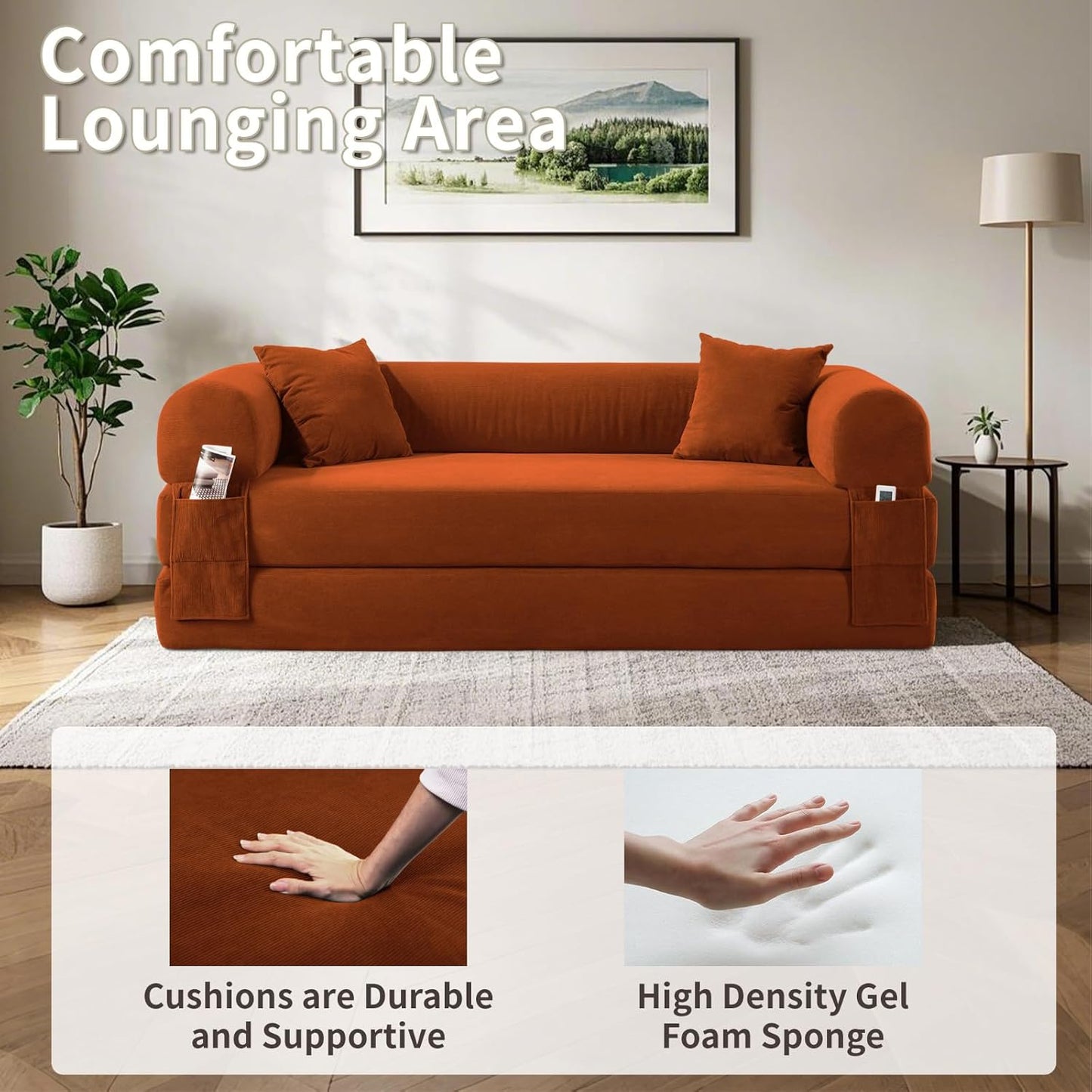 80" Convertible Sofa Bed, Corduroy Deep Seat Folding Pull Out Couch with Pillows, No Assembly Modern Boneless Couch Compression Sofa in Box, Floor Sofa with Storage Pocket for Living Room, Orange