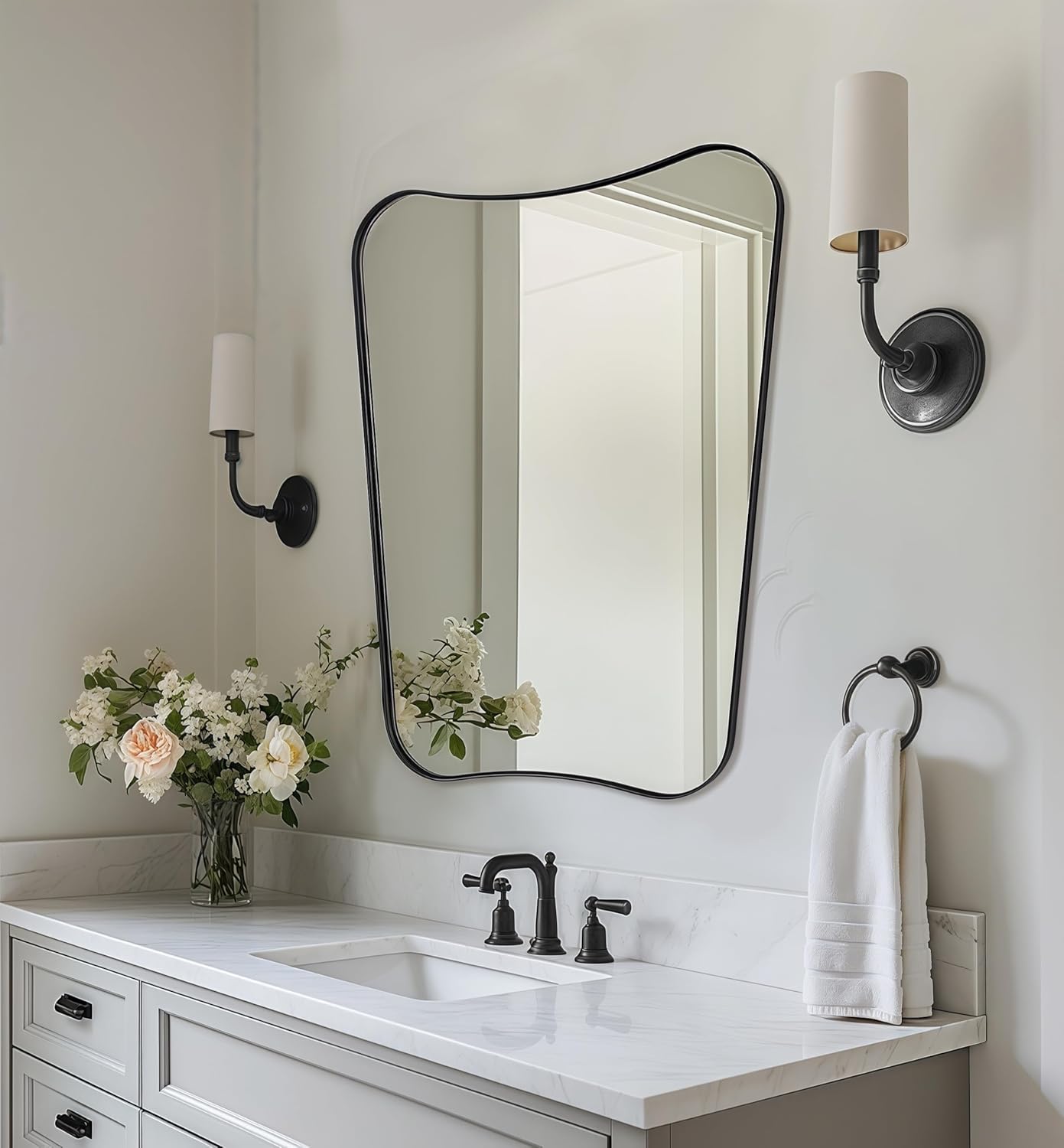 Black Bathroom Mirror, Black Vanity Mirror, 22x30 Irregular Shaped Mirror for Wall, Anti-Rust Metal Framed Wavy Mirror