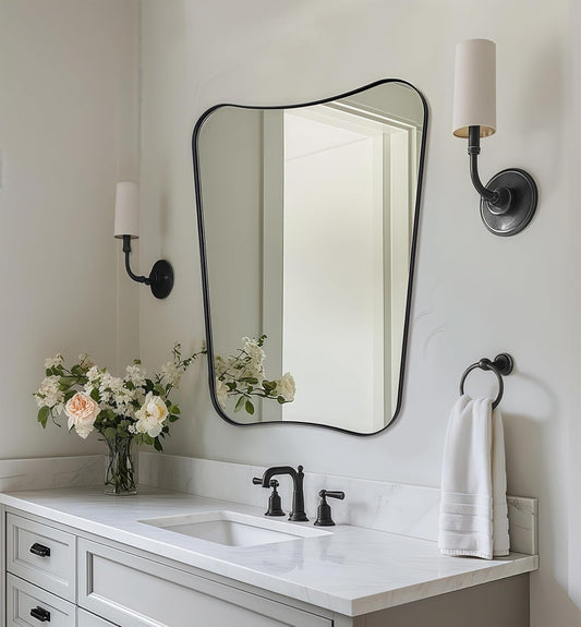 Black Bathroom Mirror, Black Vanity Mirror, 22x30 Irregular Shaped Mirror for Wall, Anti-Rust Metal Framed Wavy Mirror