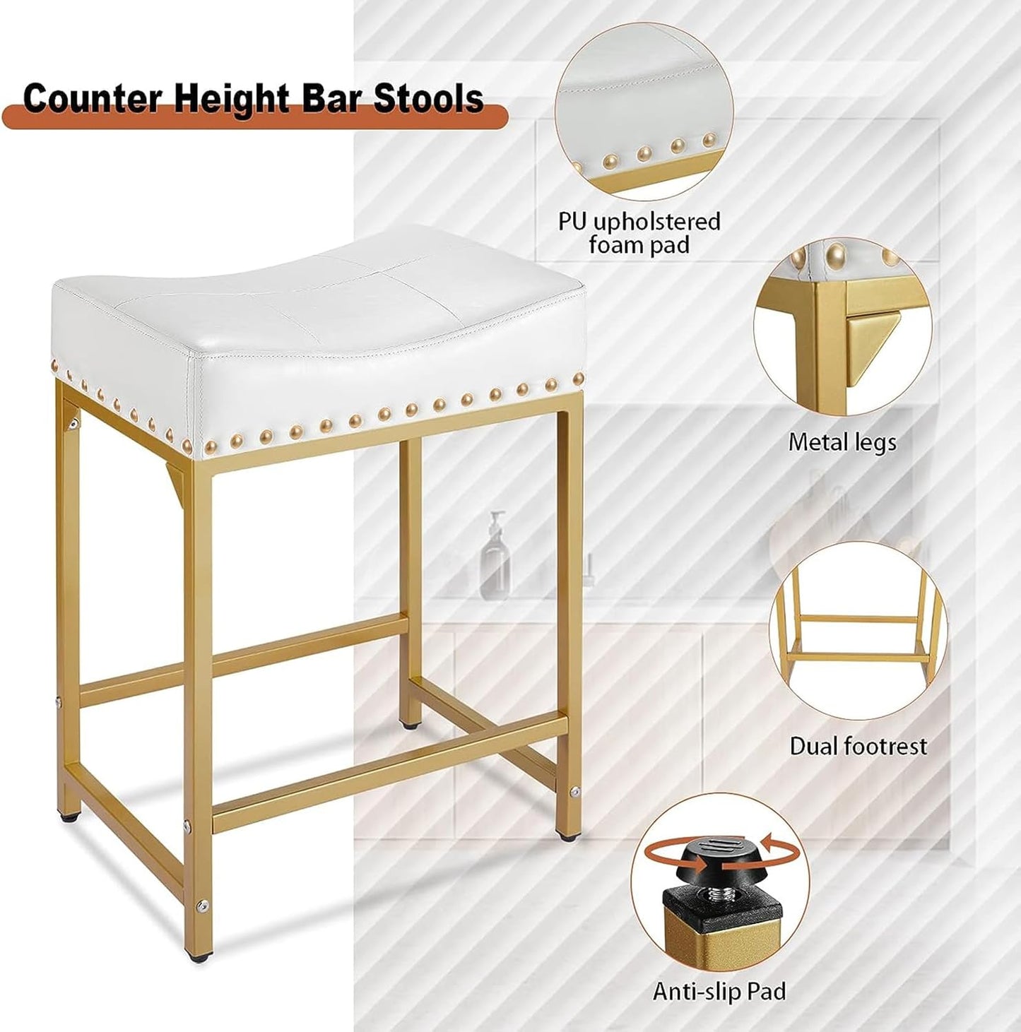 Bar Stools Set of 2, Gold White Counter Height Stools with Cushion Counter Stools and Barstools Steel Frame, 24" Modern Gold Bar Stools for Kitchen Counter Island (Off White+Gold)