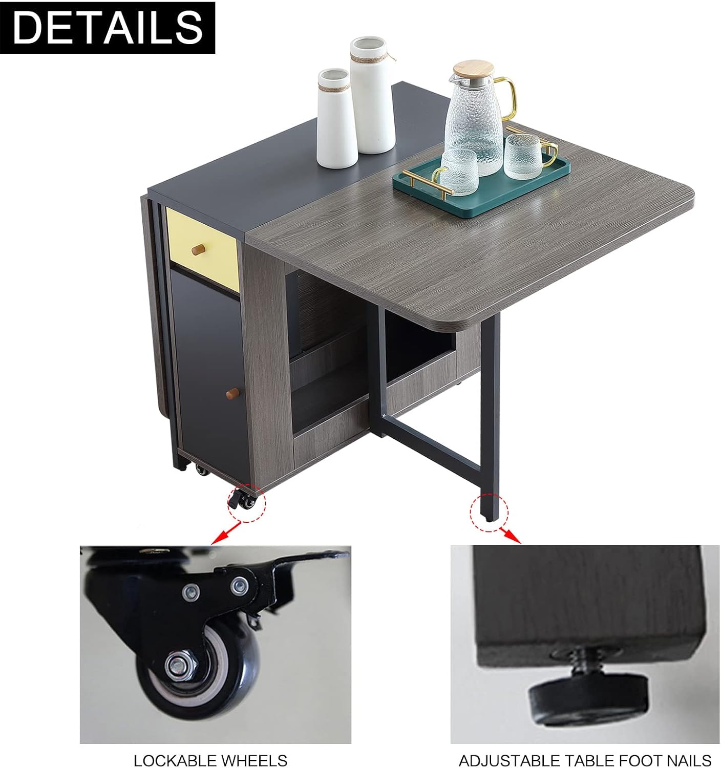 Folding Dining Table Set for 4, Foldable Kitchen Dinner Table and 2 Chairs Set, Extendable Space Saving Drop Leaf Table with Wheels and Storage