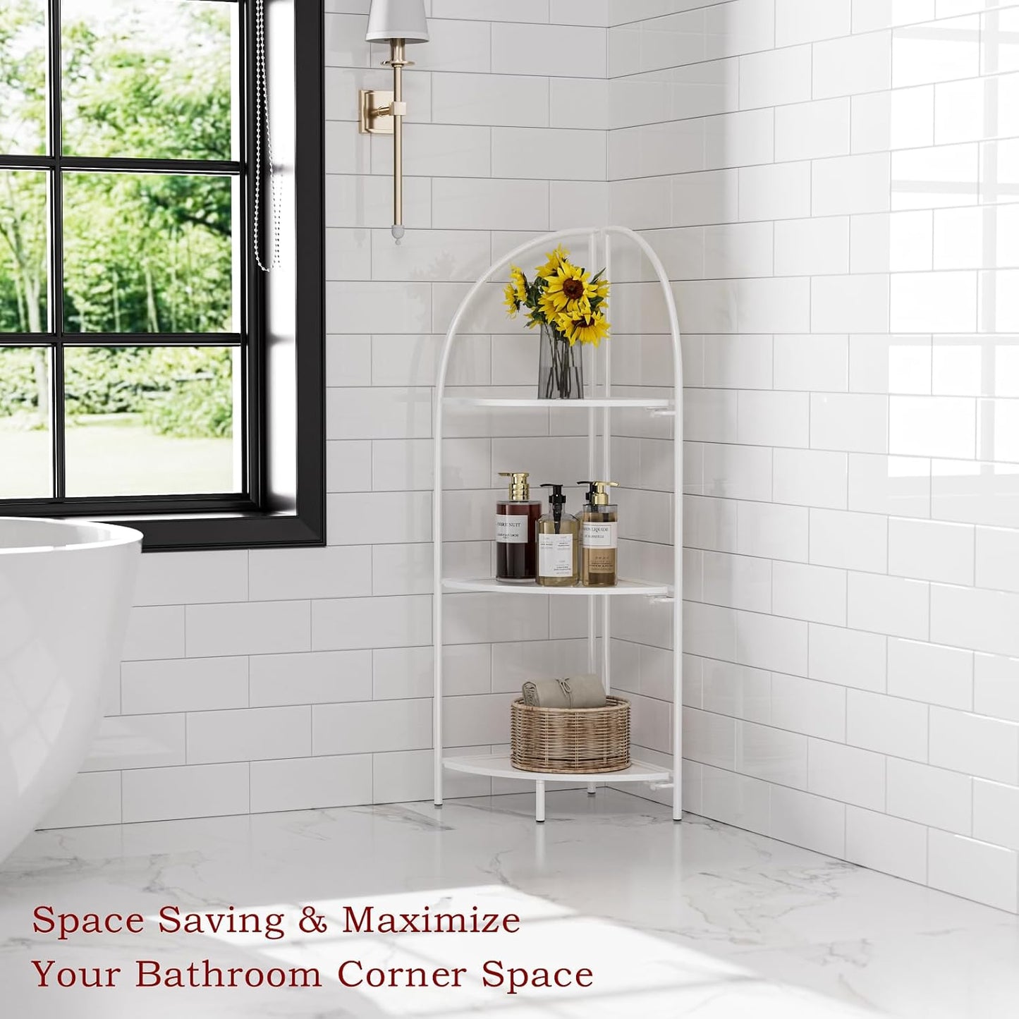 Crofy Foldable 3 Tier Corner Shelf, Metal Corner Plant Stand with White Frame and White Shelves, Corner Display Rack Multipurpose Shelving Unit for Living Room, Bedroom, Bathroom