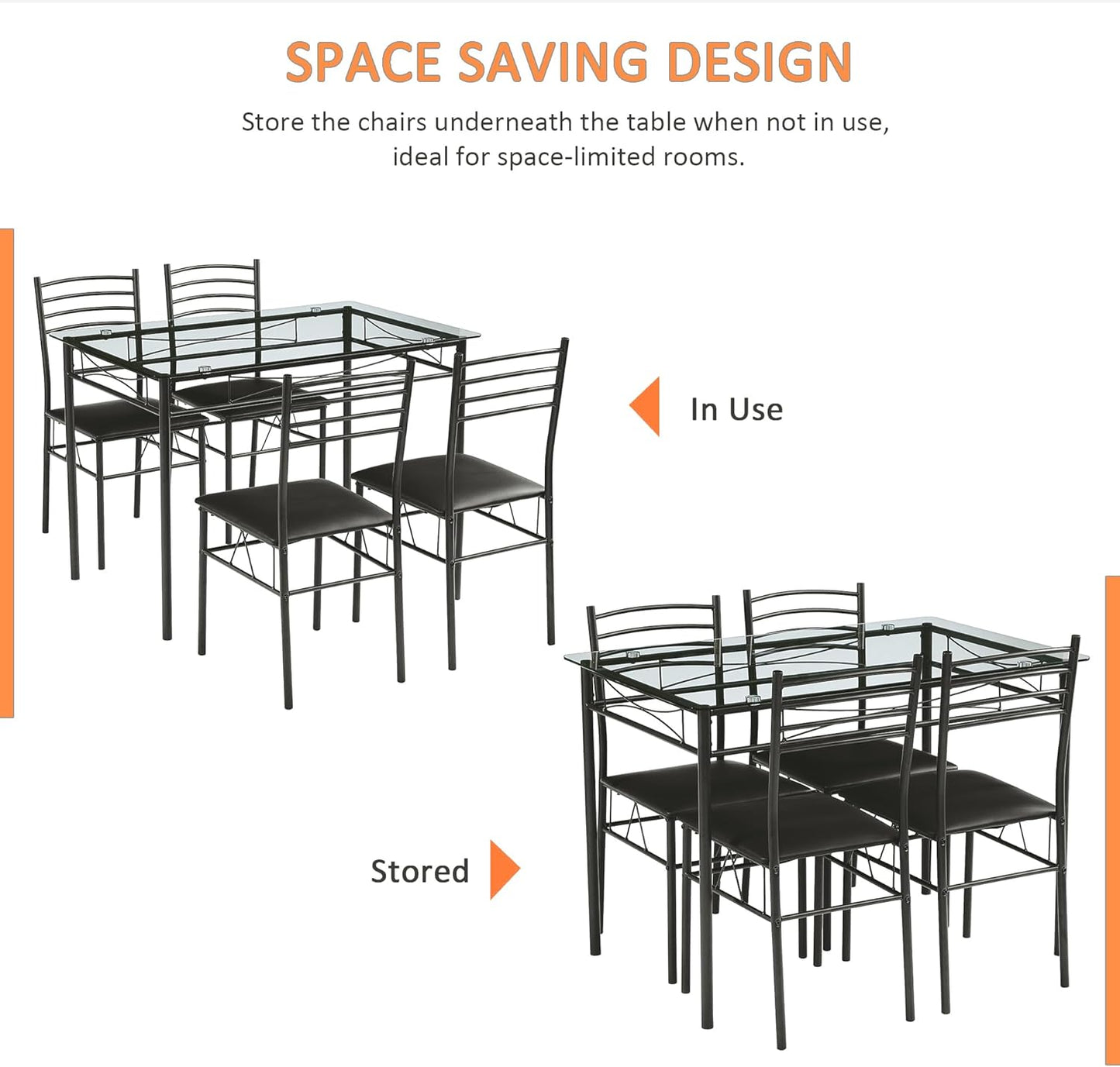 VECELO Kitchen Dining Table and Chairs Set for 4, Padded Seat & Glasses Tabletop, Space Saving, Matte Black