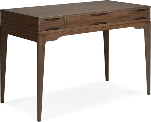 SIMPLIHOME Harper Small Desk - 48 inch Wide Solid Hardwood Writing Desk in Walnut Brown, Mid-Century Modern Home Office Table for Study or Work with 2 Drawers and Flip-Down Keyboard Tray