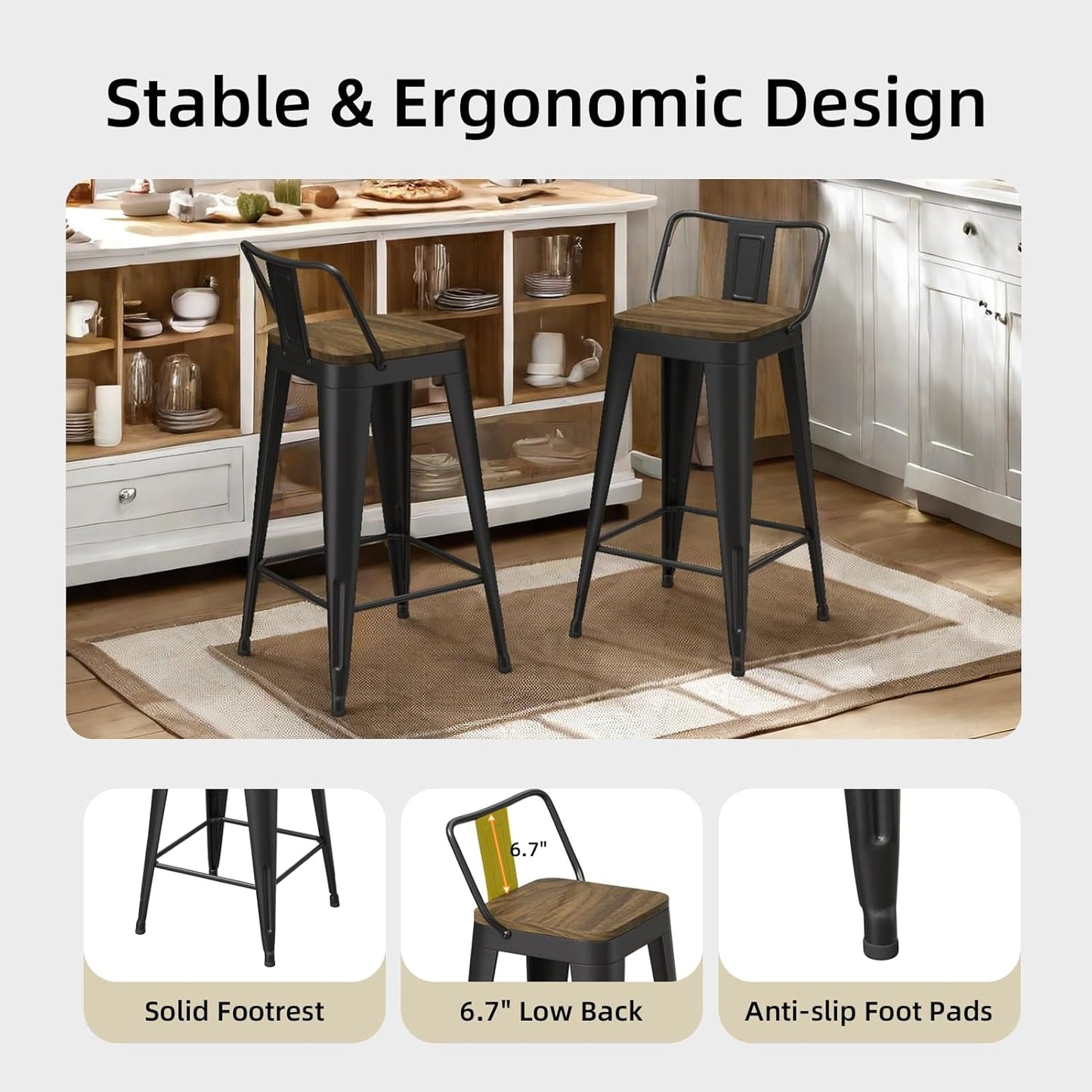 Black Bar Stools Set of 4, Metal Bar Stools with Wooden Seat, Modern 26”Counter Height Barstools with Low Back