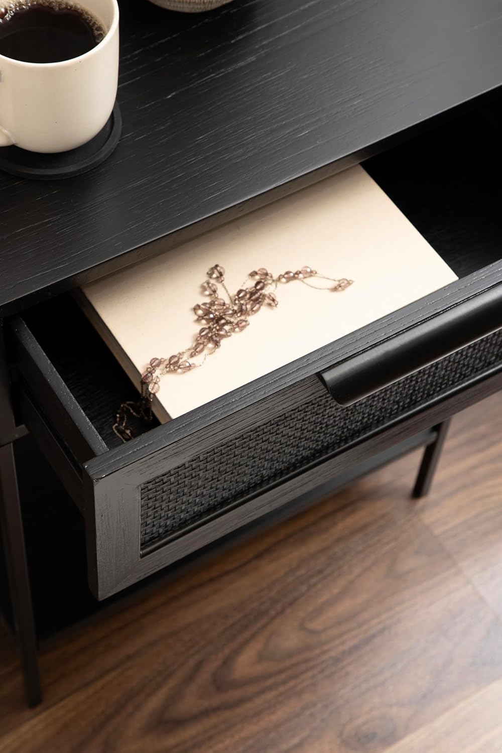 Kate and Laurel Ori Modern Cane Rectangle Side Table, 18 x 15 x 24, Black, Versatile Rattan Living Room End Table with Drawer for Storage and Home Decor