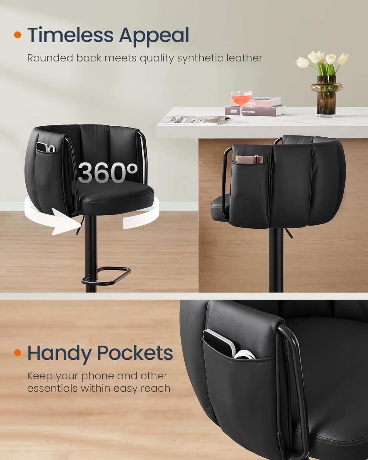 SONGMICS Home 360° Swivel Bar Stools Set of 2, Height Adjustable Barstools with Curved Back, Upholstered Counter Bar Stools with Footrest, Large Base, for Kitchen Island, Modern, Ink Black ULJB103B01