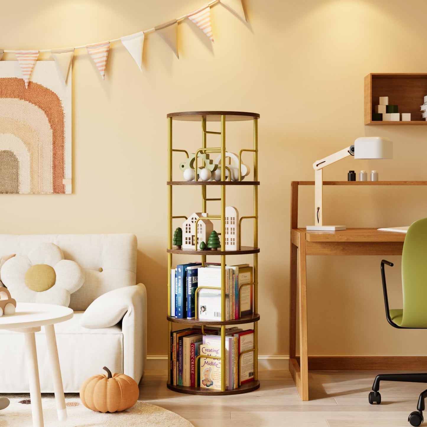 4 Tier Rotating Bookshelf, 360 Display Spinning Corner Bookshelf, Space Saving Metal Frame Bookcase for Living Room, Office, Bedroom, Gold