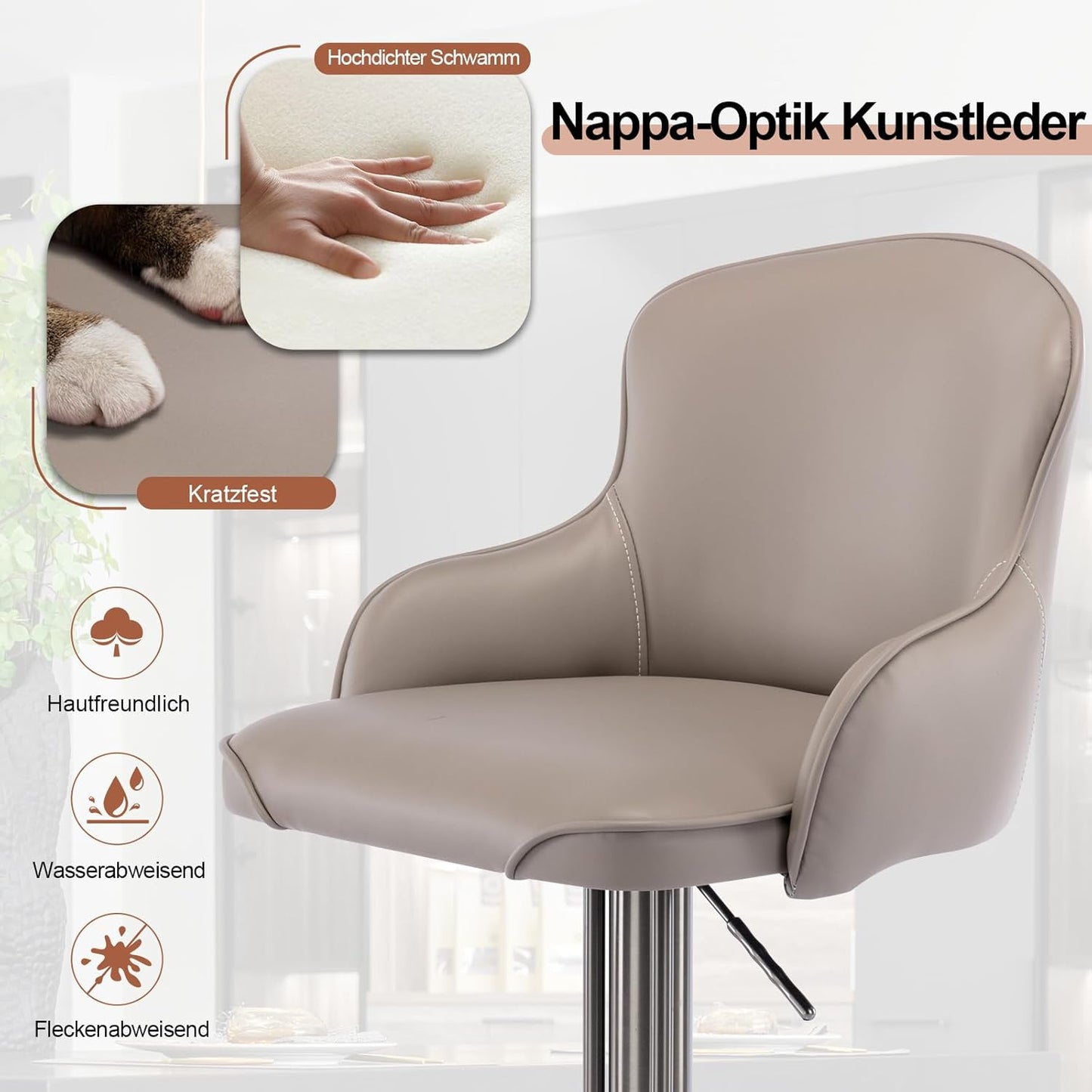 Black Titanium Stainless Steel Bar Stools,Grade Modern Leather Bar Chair with Backrest,Swivel Adjustable Height for Kitchen Counter and Dining Room (Grey leather-1pc)