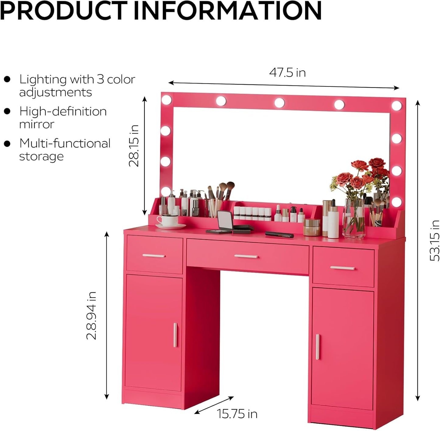 47.5” Vanity Desk with Large Mirror, 3 Colour Lighting Modes, Adjustable Brightness, Dresser with 3 Drawers & 2 Vertical Cabinets, Makeup Vanity Table for Women Girls