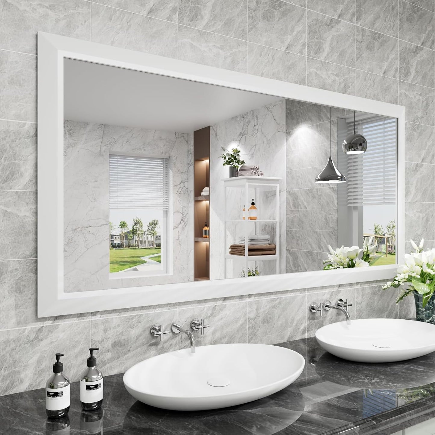 Amorho Bathroom Mirror, 60 X30 Inch White Thick Metal Framed Wall Mirrors for Over 2 Sinks, Bedroom, Living Room, Entryway, Large Rectangle Wall-Mounted Mirrors.