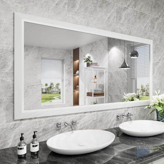Amorho Bathroom Mirror, 60 X30 Inch White Thick Metal Framed Wall Mirrors for Over 2 Sinks, Bedroom, Living Room, Entryway, Large Rectangle Wall-Mounted Mirrors.