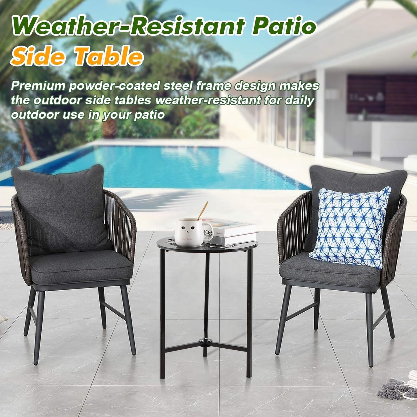 2 Packs 13" Metal Outdoor Side Tables Small Black Outside End Table for Patio Round Accent Corner Stand for Small Spaces Weather-Resistant Coffee Table for Balcony Porch Plant Stand, Bamboo Leaf