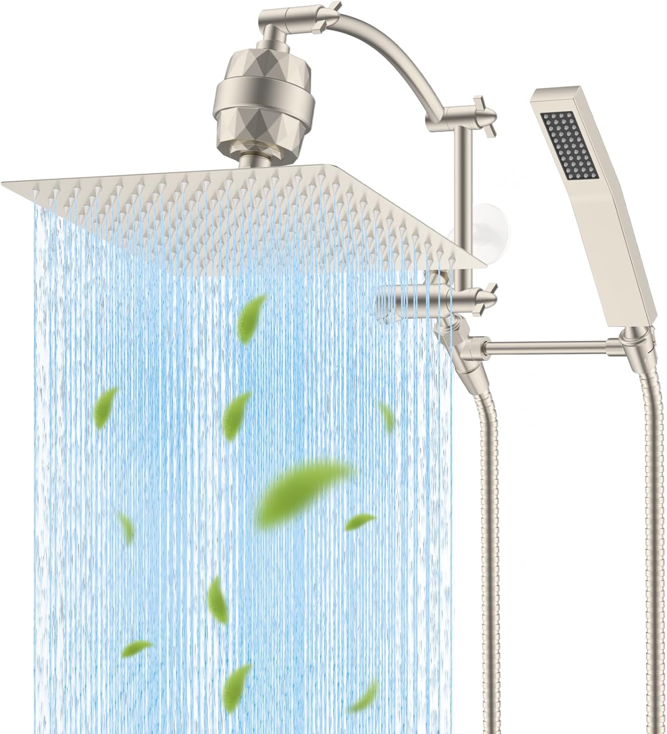 Hibbent Metal 12'' Filtered Rainfall Shower Head with Handheld Combo, High Pressure Shower Wand, 16'' Adjustable Arc Extension Arm, 20 Stage Shower Filter, 71'' Hose,Shower Holder, Brushed Nickel