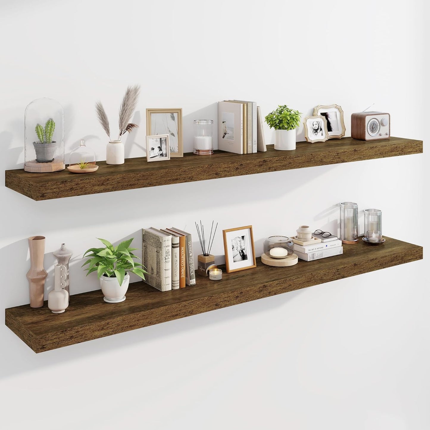 Marsmiles 72" Floating Shelves for Wall, Wooden Shelves with Invisible Brackets Set of 2, Rustic Farmhouse Wall Mounted Shelf for Kitchen Bathroom Living Room Study, Rustic Brown