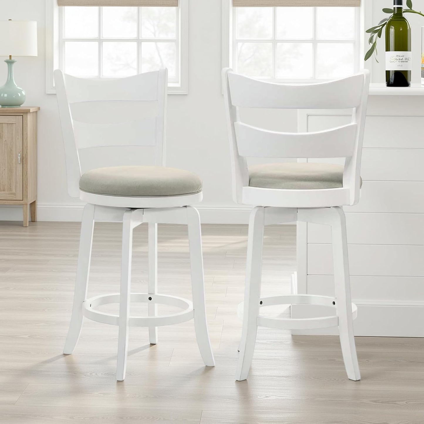 Armen Living Blair 30 in. Matte White Bar Height Rubberwood Swivel Barstool with Fog Fabric Seat - Set of 2