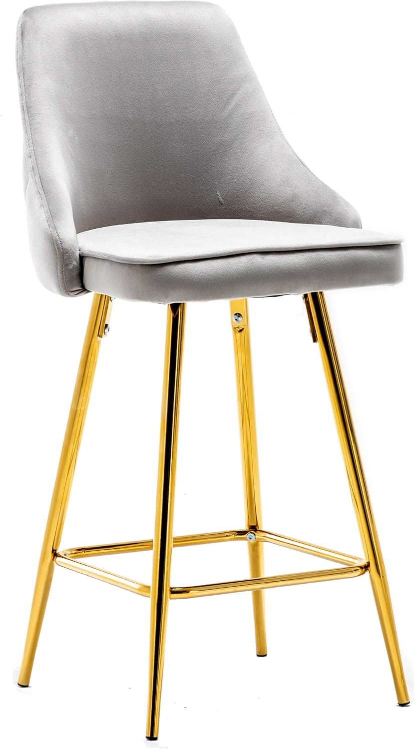 BTEXPERT Set of 2. Upholstered Dining Bar Chairs Footrest High Back Counter Height Barstools, Tufted Grey Velvet Gold Frame 25" Modern Kitchen Island Stool