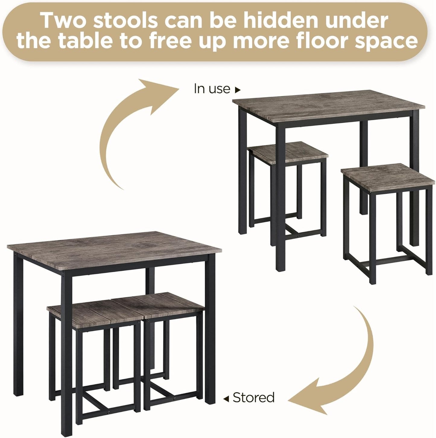 Yaheetech 3 Piece Dining Table Set - Kitchen Table & Chair Sets for 2 - Compact Table w/ 2 Stools & Space Saving Design for Dining Room Living Room Apartment Pub, Drift Brown