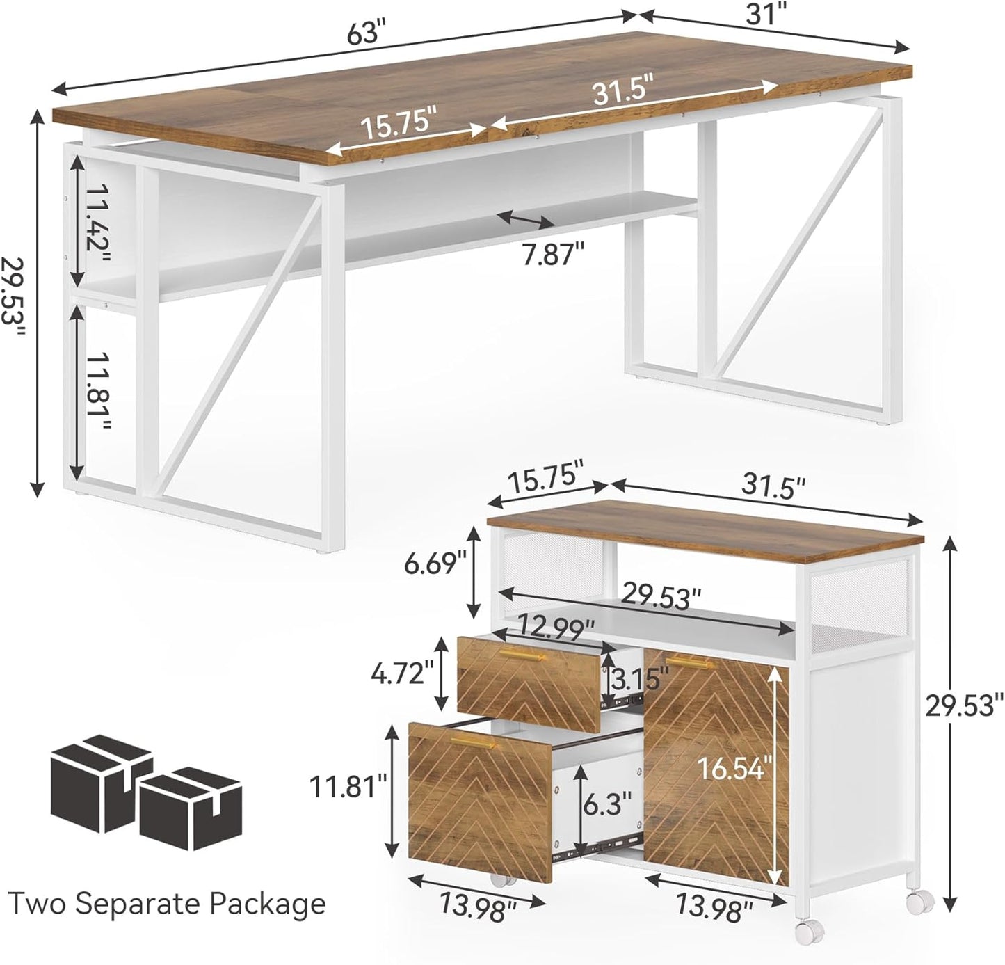 LITTLE TREE 63-Inch Office Desk with 31.5-Inch Lateral File Cabinet, Study Writing Desk Computer Desk for Home Office