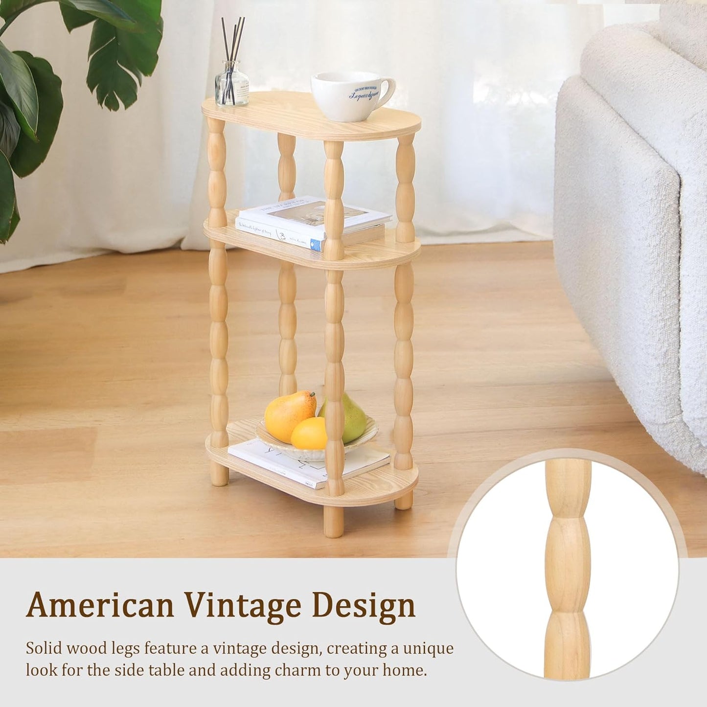 MaxSmeo Narrow End Table, Small Narrow Side Table for Small Space, 3-Tier Skinny End Table Nightstand for Bedroom, Living Room and Office (Natural)