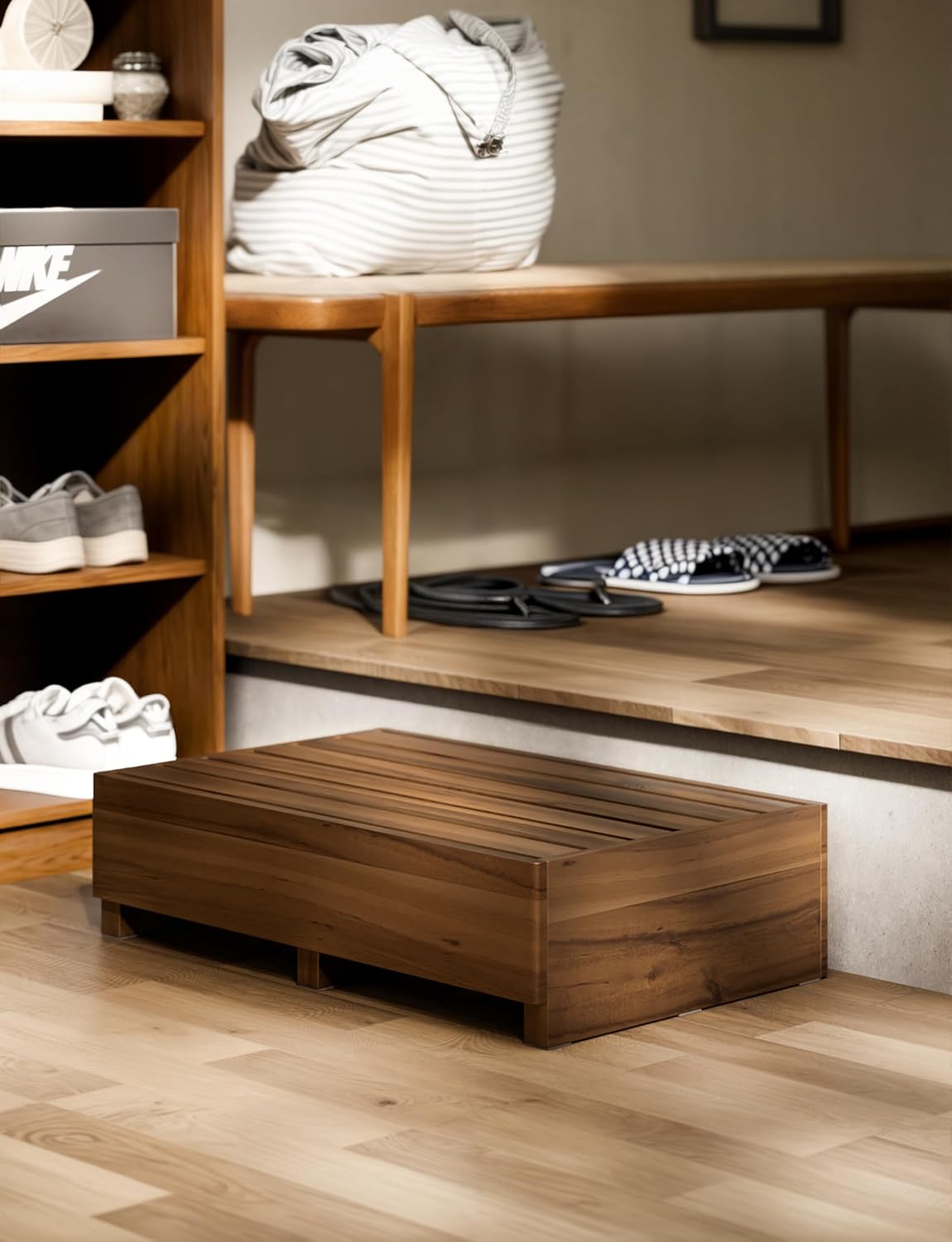 TINAMO 6.5" One Step Stool for Elderly, Walnut Wood High Riser Step Stool for Bed – 550 Lbs Wooden Mobility Stepping Stool for Adults, Kids/Bedside, Bathroom, Kitchen, Garden (Walnut, 6.5" Height)