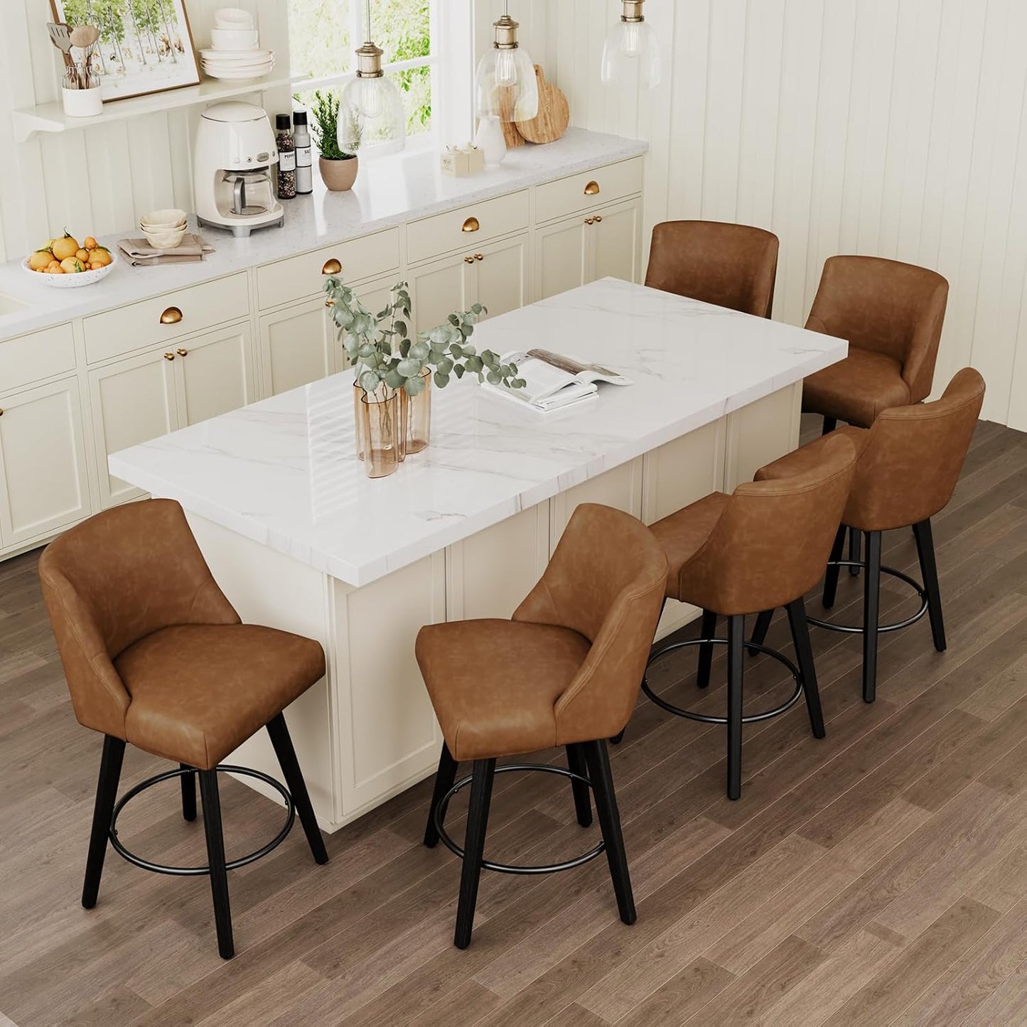 Vipbear Swivel Counter Height Bar Stools Set of 6,26.8" H Counter Stools with Back, Mid Century Modern Bar Stools for Kitchen Island,Faux Leather,Wooden Base, Brown