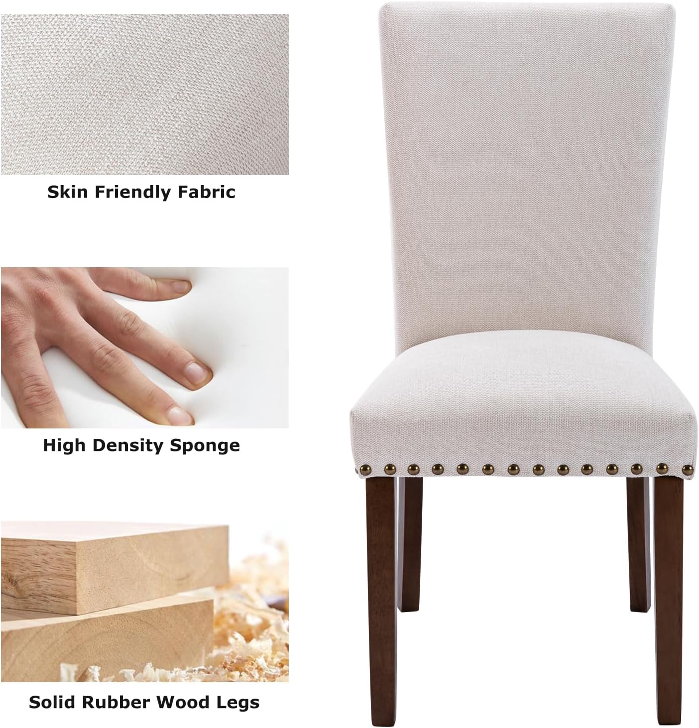 COLAMY Upholstered Fabric Dining Chairs Set of 6, High Back Padded Chairs w/Nailed Trim & Solid Wood Legs, Classic Parsons Chairs Side Chair for Home/Kitchen/Living Room-Beige (A420-BEIGE-6pcs)
