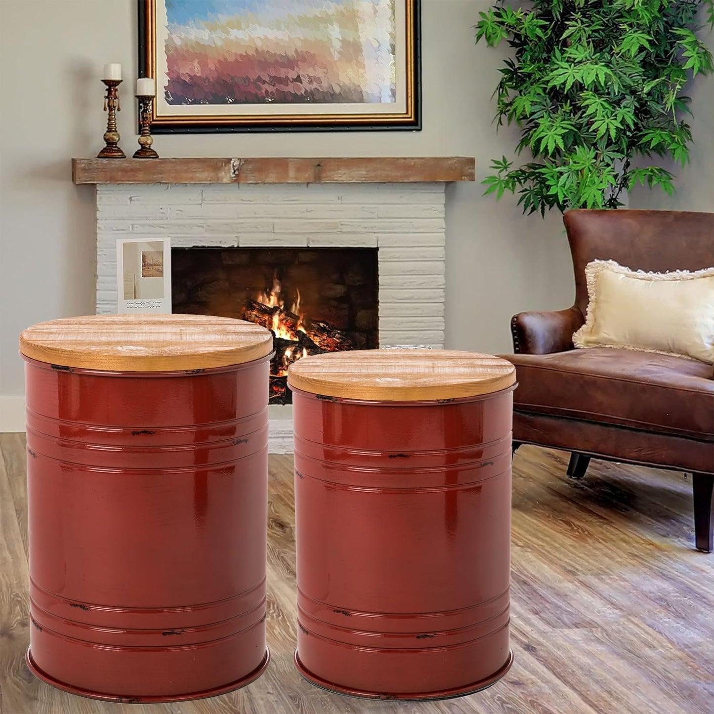 Glitzhome Farmhouse Accent Side Table, Metal Storage Stool Ottoman with Round Lid - Galvanized Coffee Cocktail End Tables Set of 2 for Living Room Bedroom, Red