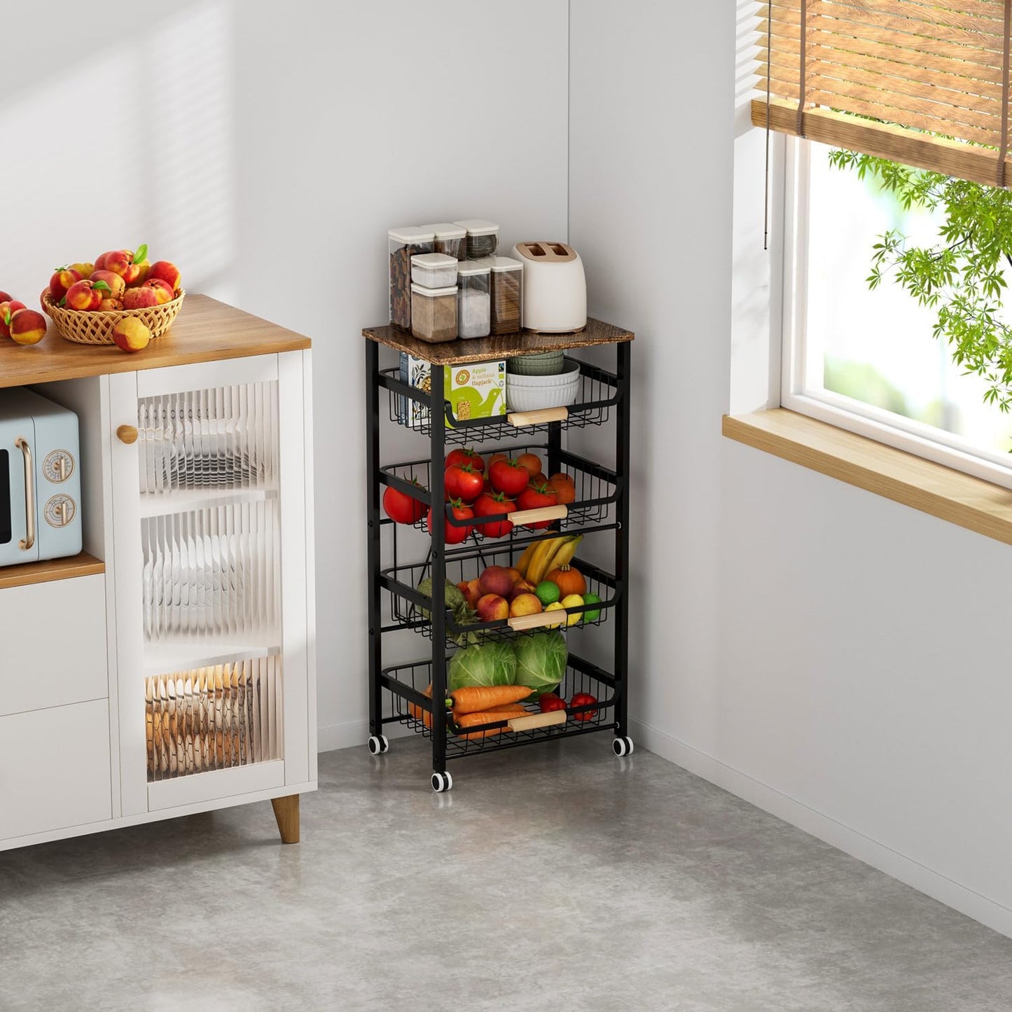 Black 5-Tier Fruit & Veggie Storage Cart on Wheels - Pull-Out Kitchen Organizer with 3 Tiers for Potatoes, Onions, & More