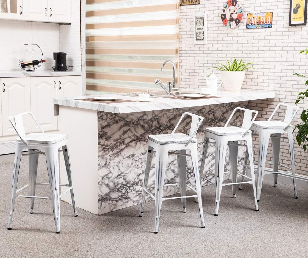 Yongchuang 26" Industrial Metal Barstools Set of 4 Counter Height Bar Stools with Back (Wood Top Low Back, Distressed White)