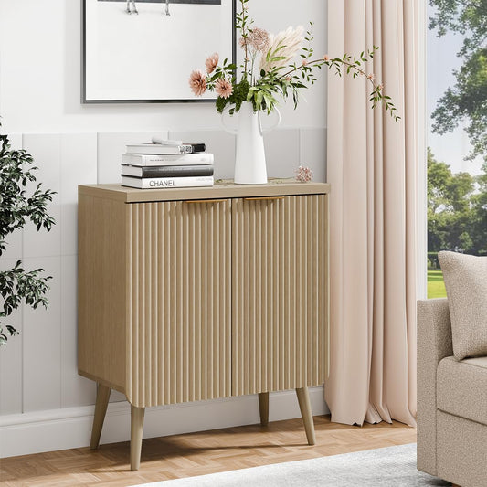 23.6" Sideboard Cabinet with 2 Doors, Modern Buffet Cabinet with Adjustable Shelf, Dining Room Sideboard, Fluted Buffet Sideboard for Living Room, Hallway, Entryway, Natual Oak