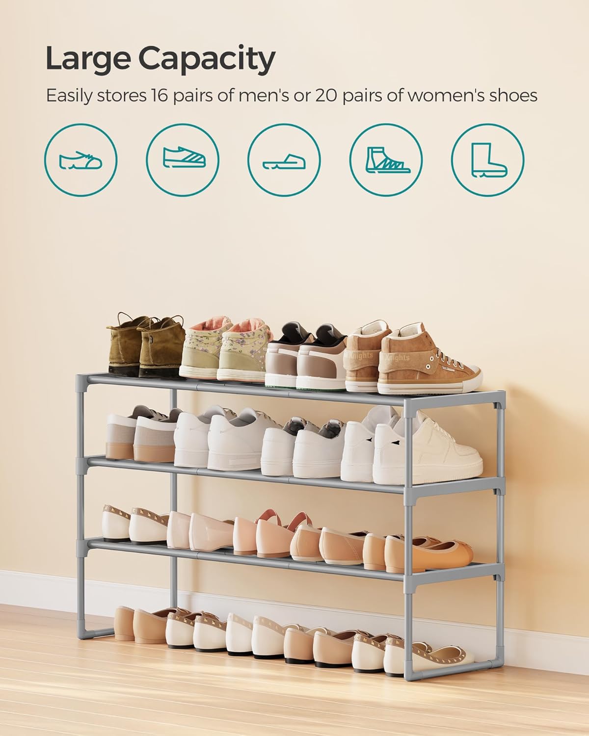 SONGMICS Shoe Rack, 3-Tier Shoe Organizer, Metal Storage Shelf, Upright or Upside Down, for 16-20 Pairs, Stackable, for Entryway, 11.8 x 36.2 x 21.7 Inches, Gray ULSA303G01