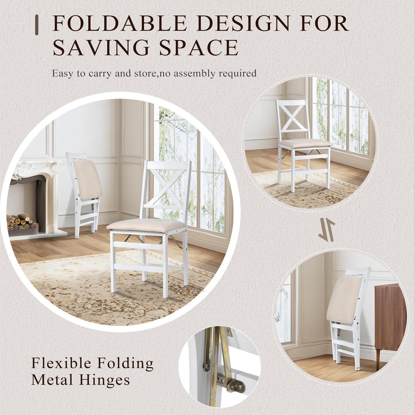 COLAMY Folding Dining Chairs Set of 4 – White Wooden Dining Room Chairs for Small Spaces, Pre-Assembled, Space Saving Kitchen & Dining Room Furniture, Indoor Outdoor Use