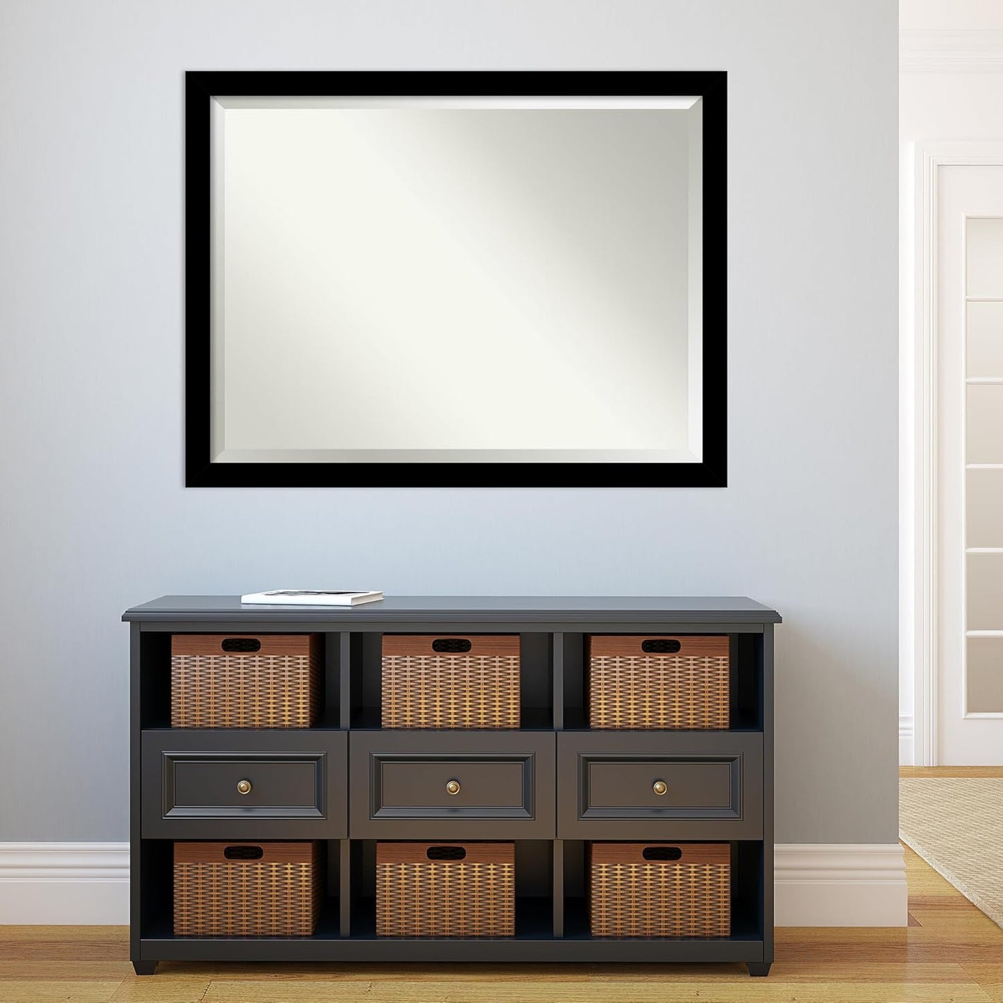 Amanti Art Black Bathroom Mirror for Over Sink, 34x44 Brushed Black Rectangle Vanity Mirror, X-Large Modern Contemporary Frame, Hangs Horizonally and Vertically, Bathroom Wall Decor, Beveled Edge