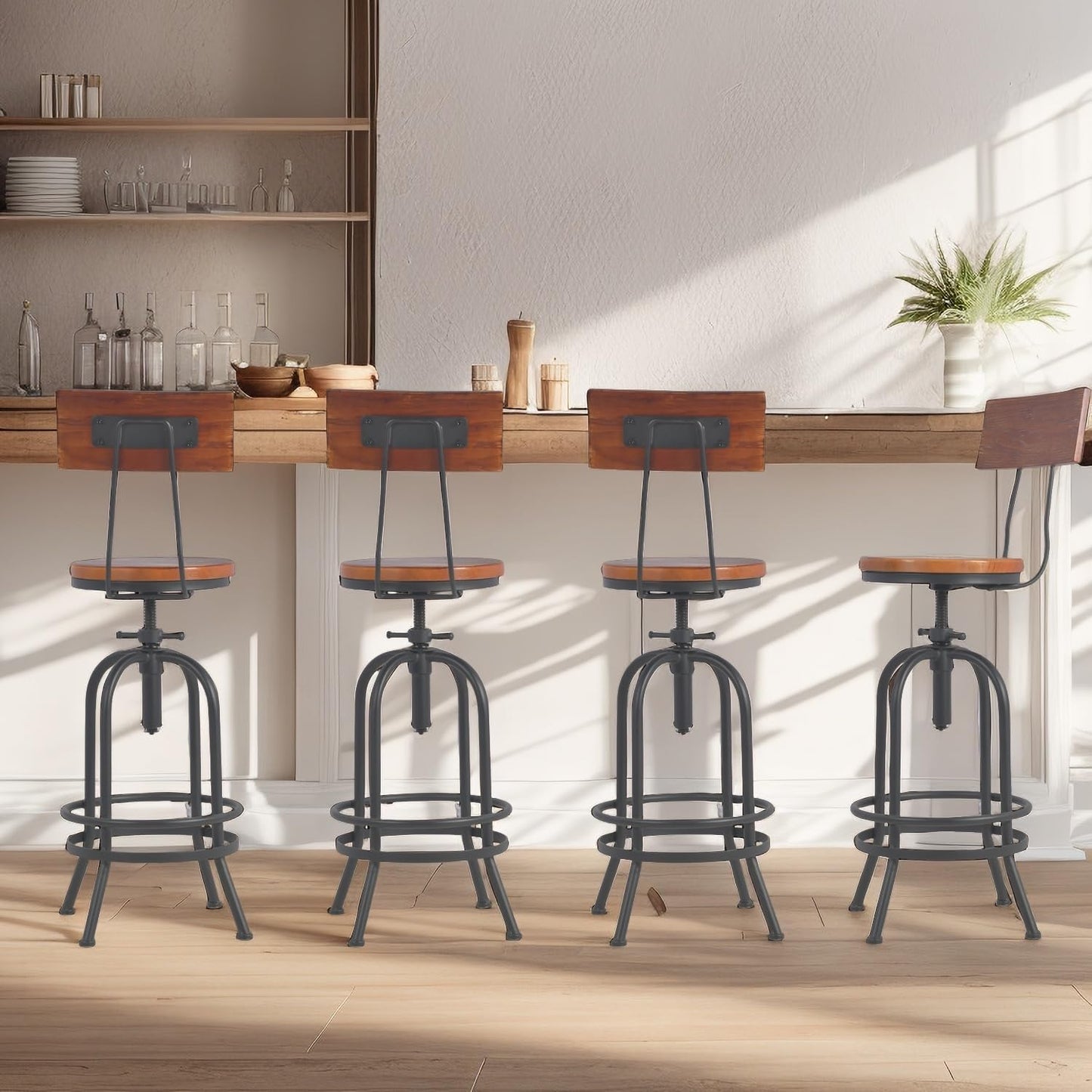 Set of 2-Industrial Bar Stools with Backrest-Swivel Wood Seat-Bar Counter Height Adjustable 26-32.2inch-Kitchen Island Dining Chair