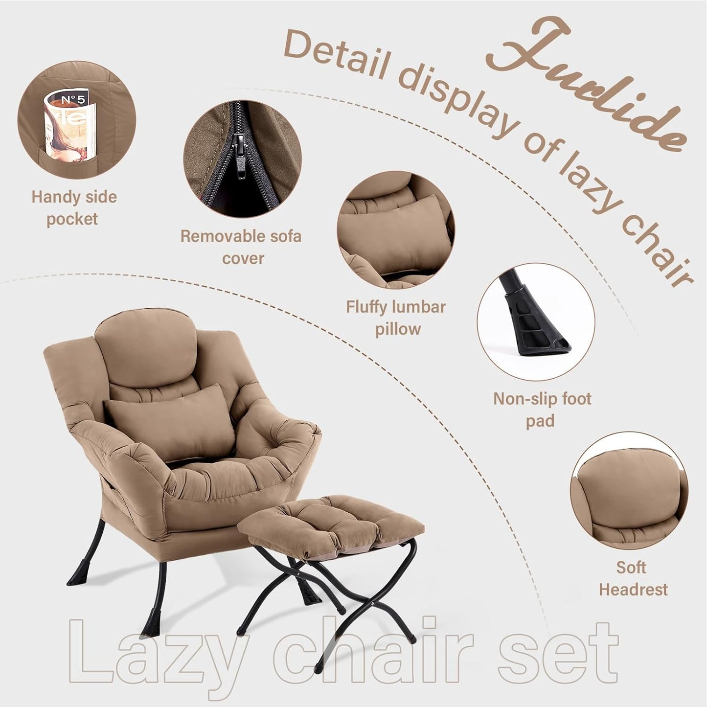 Lazy Chair with Ottoman, Modern Lounge Armchair with Lumbar Pillow, Accent Cozy Reading Chair and Folding Footstool for Bedroom, Dorm, Living Room,Khaki