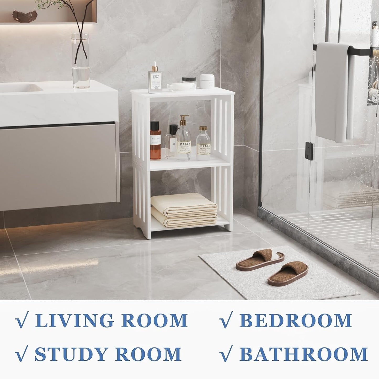 3-Tier End Table Night Stand Set of 2, White Side Table Small Bookshelf Bedside Table for Bedroom, Living Room, Office, Bathroom