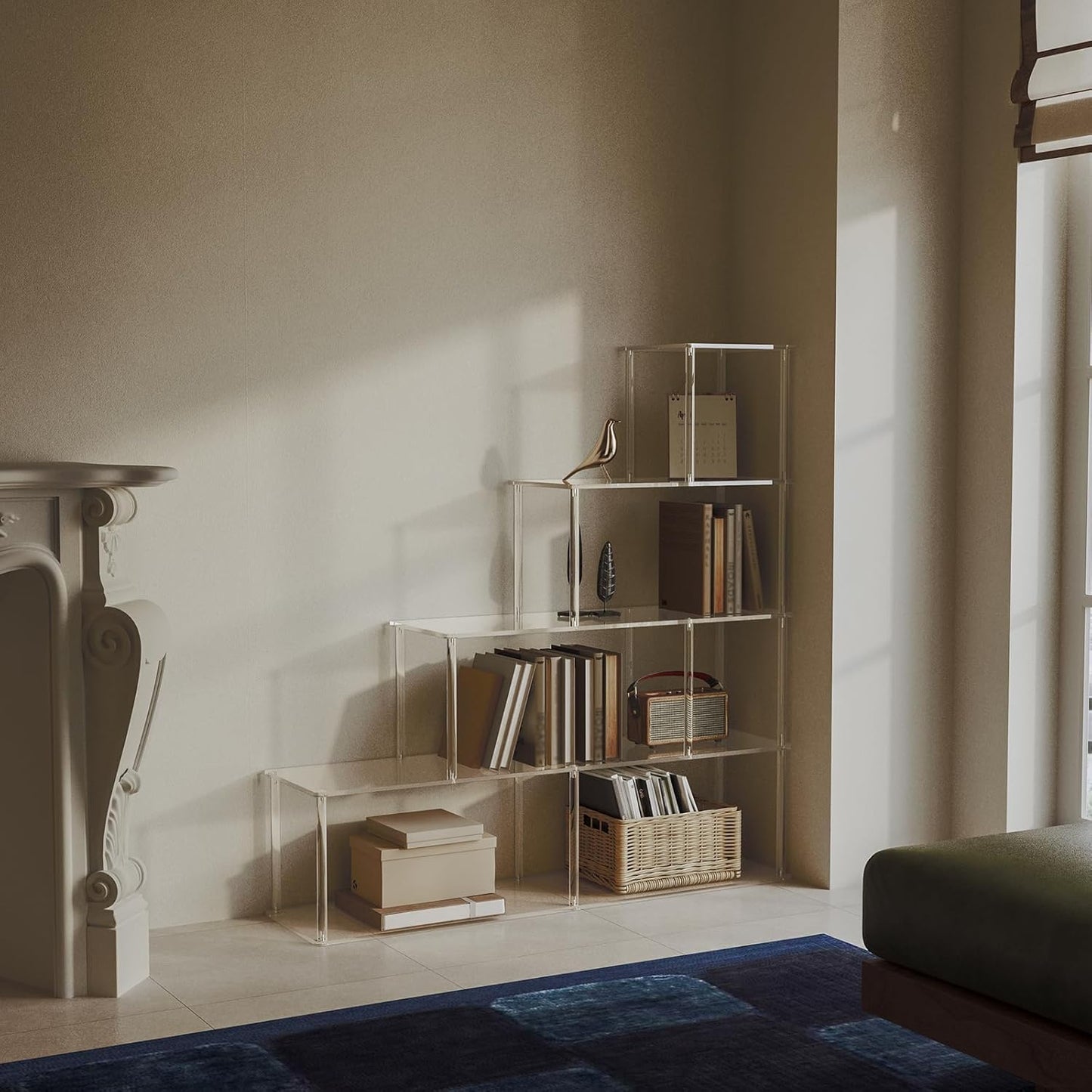 5-Tier Acrylic Stepped Bookshelf with 6 Cube, Modern Bookcase, Clear Open Book Shelf for Home Office, Living Room, Bedroom, 11.8" D x 47.2" W x 49.2" H