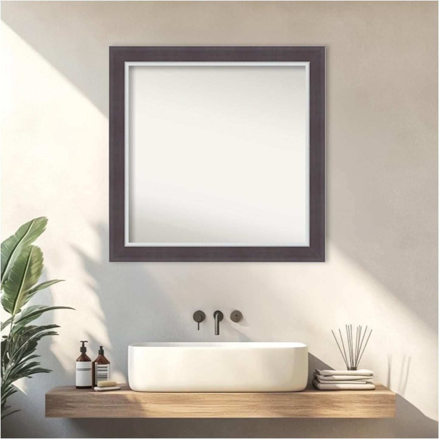 Amanti Art Brown Bathroom Mirror for Over Sink, 32x32 Ellie Brown Silver Square Vanity Mirror, Large Modern Contemporary Frame, Hangs Horizonally and Vertically, Bathroom Wall Decor, Non-Beveled Edge