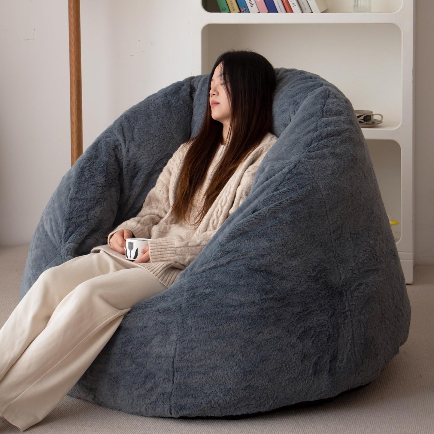 N&V Large Shell Bean Bag Chair, Adult Size Bean Bag Sack, Foam Filling, Includes Removable and Machine Washable Cover, 40in, Soft Faux Fur, Blue