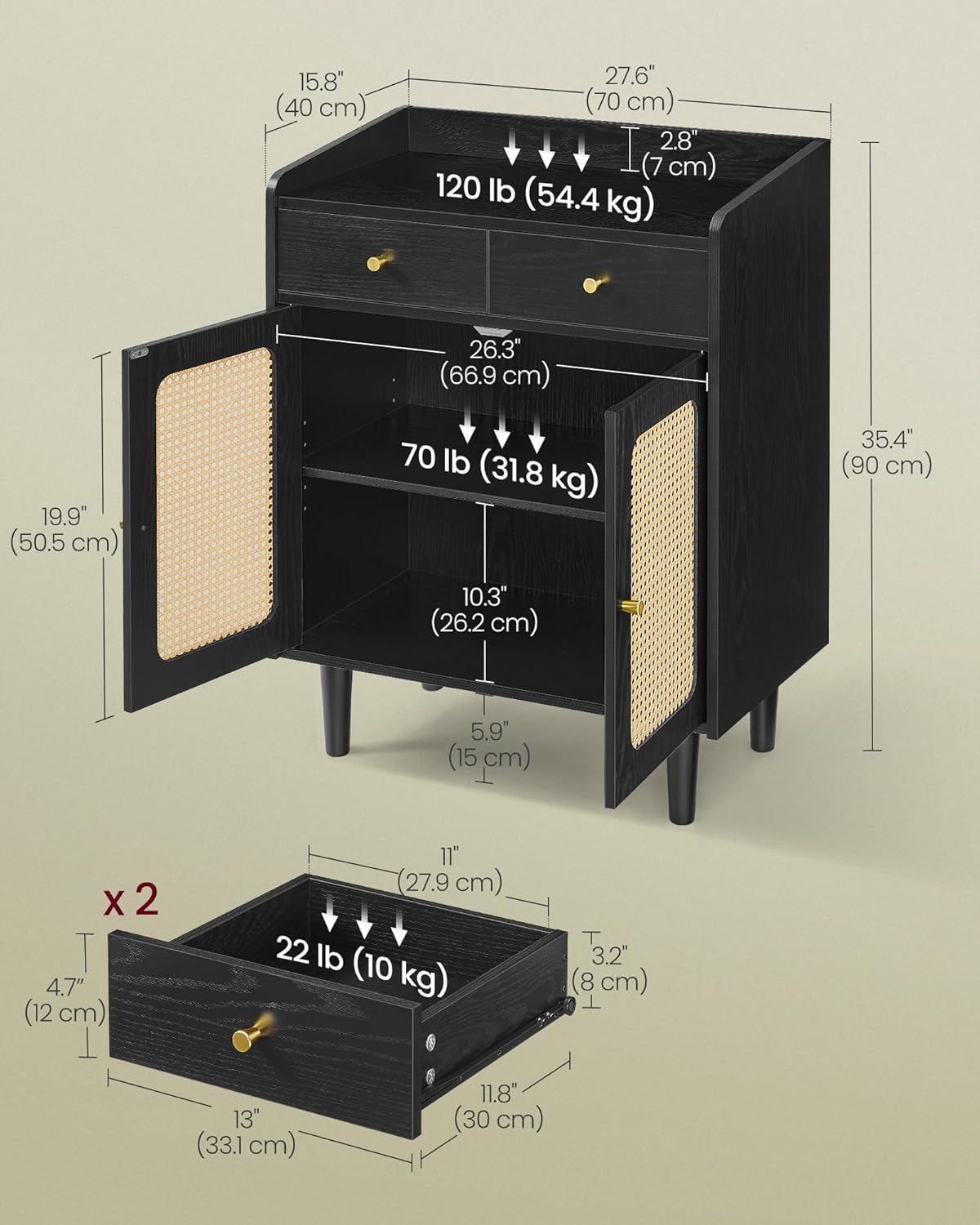 VASAGLE BOHOVEN Collection - Buffet Cabinet, Sideboard Storage Cabinet with Rattan-Like Doors and Drawers, Accent Cabinet, Adjustable Shelf, Boho Style, for Living Room, Ebony Black