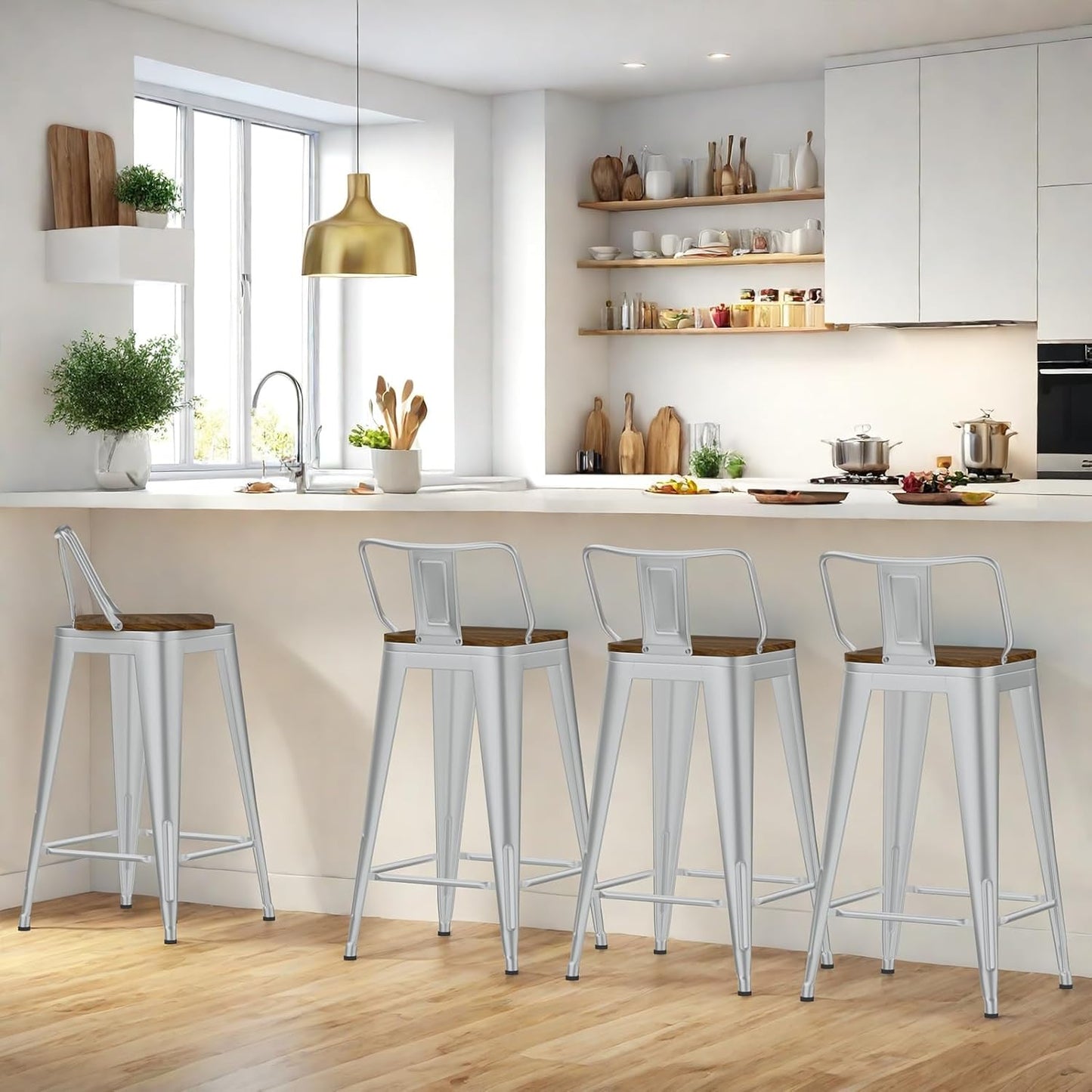 24 Inch Swivel Bar Stools Set of 4, Counter Height Bar Stools with Low Back, Metal Industrial Bar Chairs for Kitchen Island (Silver)