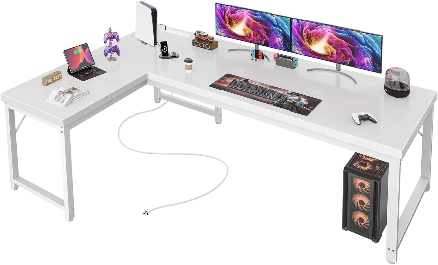 Huuger 63 Inch L Shaped Desk with Power Outlets and USB-C Port, Reversible Computer, Larger Office Corner Gaming Desk, 0.95 Inch Thicker Desktop, Metal Frame, for Home Office, Study, White
