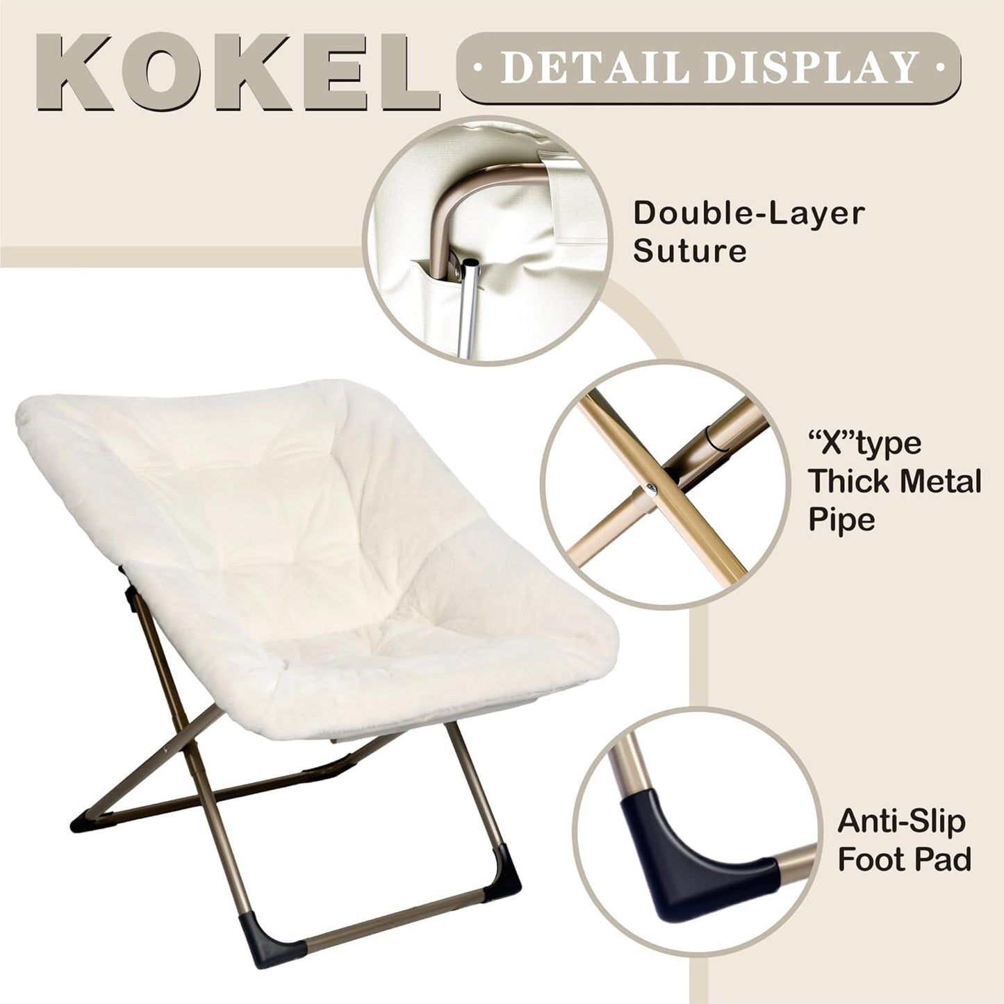 Kokel Plush Folding Chair and Ottoman Padded Metal Frame Living Room Chair (White-TM3)